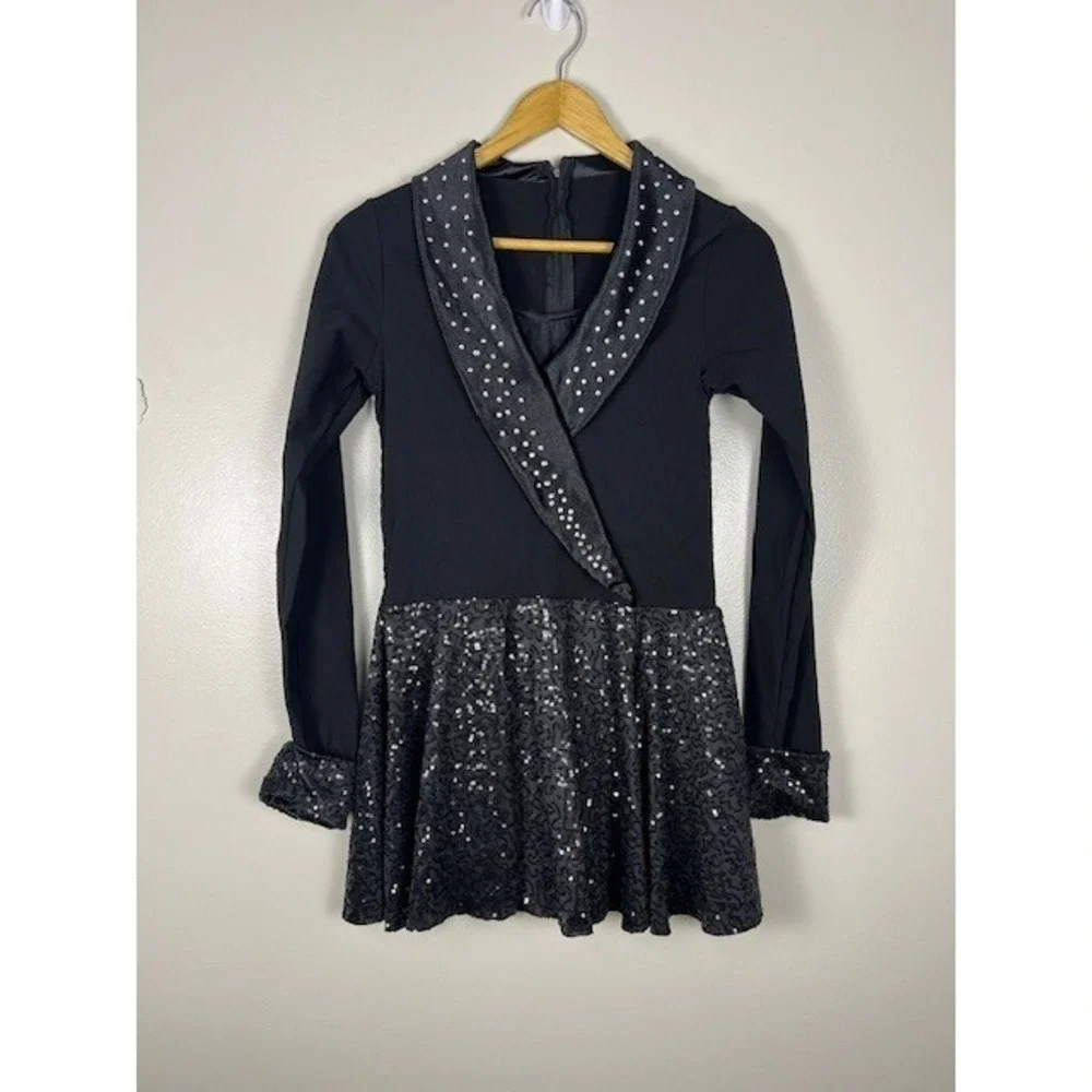 Weissman Black Rhinestone Sparkle Dance Dress Costume Long Sleeve Lapel‎ Collar